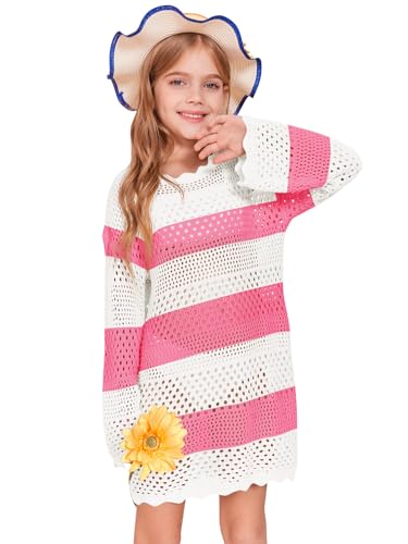 Image of Batermoon Girls Crochet Long Sleeve Swimsuit Cover Up Kids Fashion Hollow Out Swimwear Beach Dress 5-14 Years