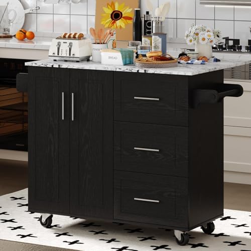 4 EVER WINNER Kitchen Island on Wheels, Island Table for Kitchen with Towel Rack & Spice Rack, Marble Tabletop, Kitchen Island with Drop Leaf, Black