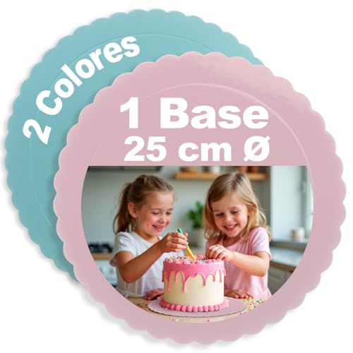 dekora - Base para Tartas de Cartón Redonda con Borde Ondulado - Perfecta para Tartas, Cupcakes y Postres en Fiestas y Eventos - 2 colores Azul y Rosa - Diámetro 25 Centímetros
