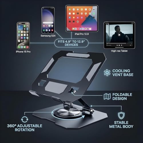 Image of Carbon Steel Tablet Stand Holder with 360 Rotating Base, Multi Angle Adjustments, Foldable & Portable, Compatible for iPad Pro | 11 | 10.9 | 10.2 | Air | Mini,Support Upto 12 Inch tablet