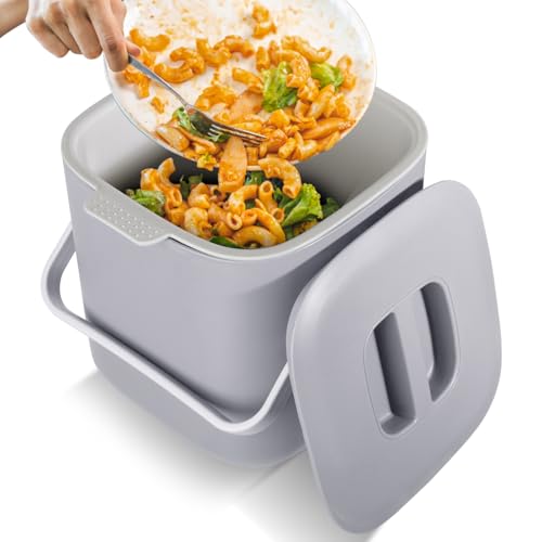 Biomülleimer Küche, 4L Biomülleimer Küche für alltäglichen Biomüll, Bio Mülleimer mit Deckel, Geruchsdicht, Herausnehmbarer Inneneinsatz, leicht zu Reinigen (Hellgrau)