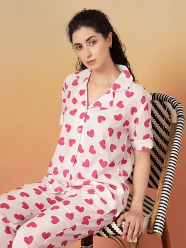 Image of Night Suit for Women's| Heart Printed Cotton Night Dress| Half Sleeves Shirt and Pajama Set(White& Red-Xs)