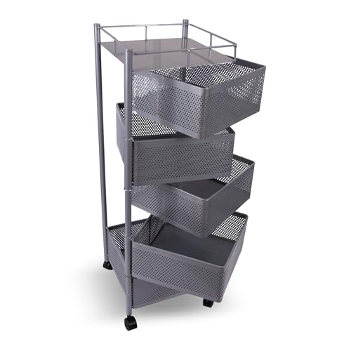 Image of KITCHIVO Kitchen Storage Rack | Revolving Vegetable Rack | Square Multipurpose Storage Trolley with Wheels | Metal Fruit Rack (Silver, 5 Layer)