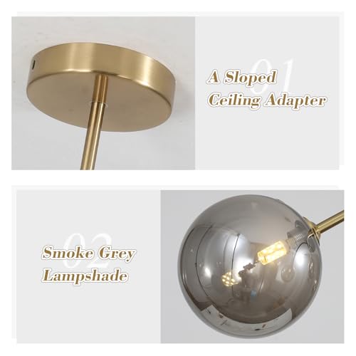 Image of 5-Light Gold Sputnik Chandelier, Mid Century Modern, Smoke Gray Glass Shade, Kitchen, Dining, Bedroom, 38.6 inch L x 30.7 inch H