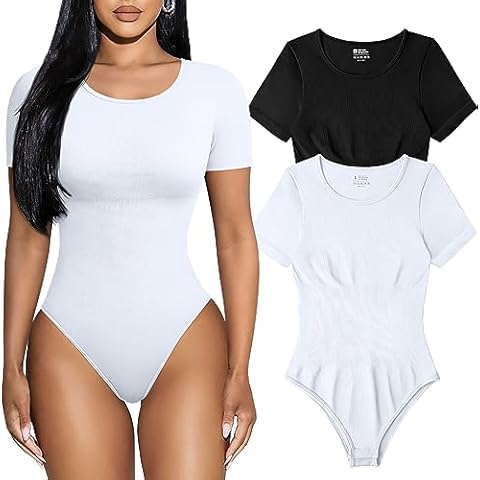 TOB Women's 2 Piece Bodysuits Sexy Ribbed One Piece Short Sleeve Tops Bodysuits Black White Cover