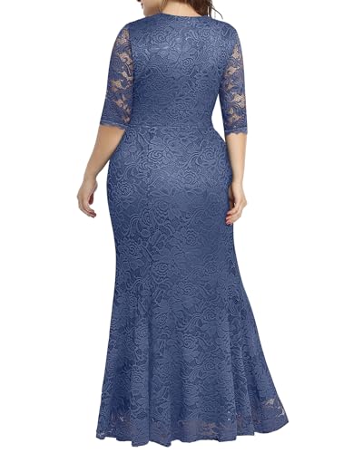 Image of Pinup Fashion Plus Size Formal Evening Dress Wedding Guest Bridal Gowns | Floral lace, wrap v-neck, 3 /4 sleeves, empire waist, mermaid floor length, side zipper