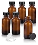 1 oz / 30 ml Amber Glass Boston Round Bottle with Airtight Phenolic Cap (6 Pack) + Funnel