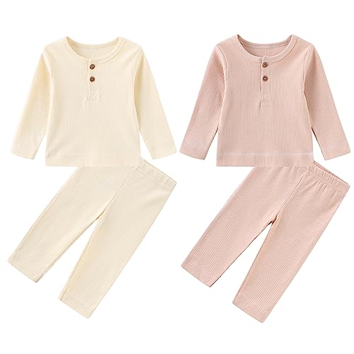 Image of Chamie Infant Baby Pyjamas Knitted Footless Sleepsuit Sets T-Shirt & Trousers Pjs 2 Sets,Beige and Pink,6-9 Months