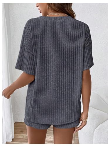 Image of MakeMeChic Women's Maternity 2 Piece Outfits Summer Short Sleeve Rib Knit Tee Top and Short Lounge Sets Clothes