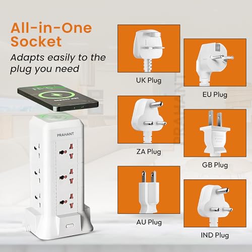 Image of 16 in 1 Universal Multi Sockets Tower Extension Boards,12 Sockets,2 USB Port,1 Type C Port,with Surge Protection,Smart Energy Saving,1.8M Extension Cords,with Wireless Charging Point