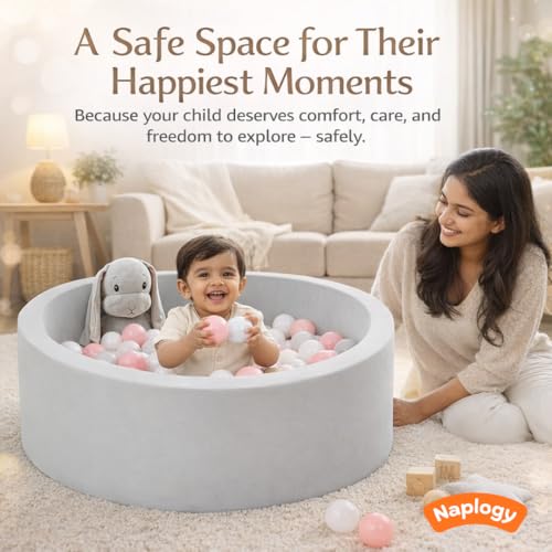 Image of Baby Toys Foam Ball Pit, Baby Toy for Kids Playing Items Indoor, Baby Boy Toys & Baby Play Area Indoor Setup, 90 x 90 x 30 cm Soft Ball Pool for Kids, Happy Grey, Balls Not Included