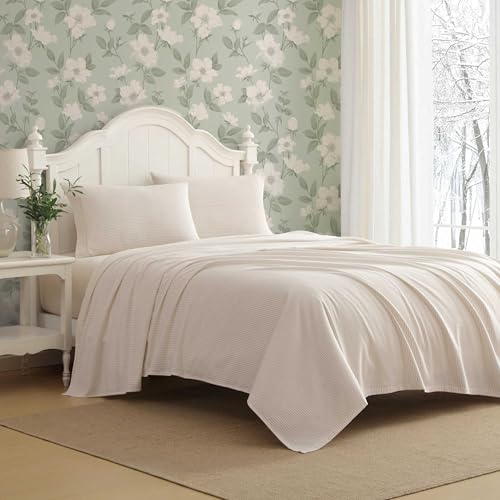 Image of Laura Ashley - Flannel Sheets Twin Size, Anti-Pilling & Wrinkle Resistant Cotton, Touchably Soft for All-Season Comfort - Bed Sheets with Matching Pillowcase & Fitted Sheet (Oxfordshire Stripe Beige)