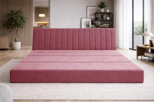 Image of Deco Studio 3-Seater Convertible Floor Sofa Bed Modern Velvet Fabric Folding Couch for Living Room, Guest Room & Small Spaces-Rose-Pink