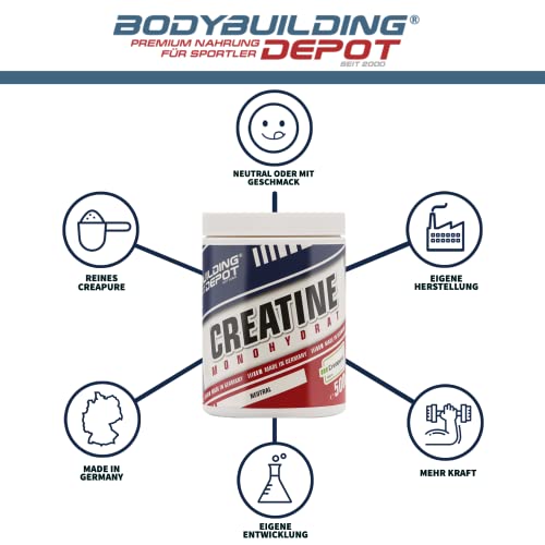 Foto von Bodybuilding Depot - Creapure® Creatin 500g, Hochwertiges Creatin Pulver, Made in Germany, Höchste Reinheit - Neutral 100%, Zur Leistungssteigerung, Vegane Rezeptur (Neutral)