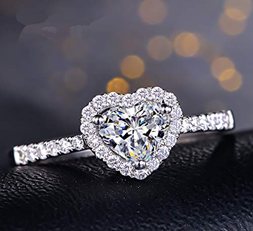 Rhodium Plated Sterling Silver Heart Shaped Cubic Zirconia CZ Halo Engagement Wedding Insert Ring Promise Rings for Her(6)