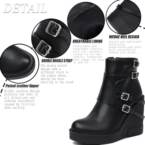 Women'S Leather Wedge Heel Gothic Ankle Boots With Side Zipper Comfortable And Fashionable Shiny Round Toe Platform Double Buckle Y-2k Retro Ankle Boots Suitable For Party Dance4