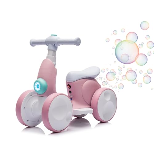 6V Electric Baby Balance Bike for 1 Year Old Boys Girls Ride on Toys 12-48 Months Toddler Balance Bike, 4 Wheels Kids First Bike with Remote Control First Birthday Gifts- Pink
