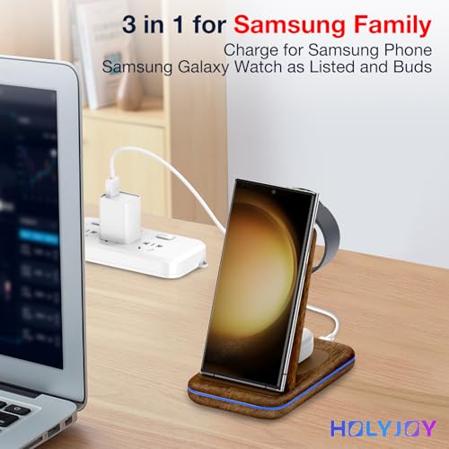 Image of Wireless Charger for Samsung /Android, HOLYJOY Foldable 3 in 1 Fast Charging Station /Stand /Multi Charger for Samsung S25 Ultra /S24 /Note 20, Travel Pad for Galaxy Watch 8 /7 /6 /5 /Active 2, for Buds(Wood)