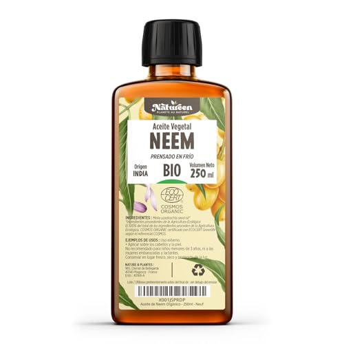 Aceite de Neem Orgánico 250 ml - 100% Puro, Natural y Prensado en Frío - Certificado Cosmos Organic - Natureen | Planète au Naturel - Piel, Cabellos, Plantas