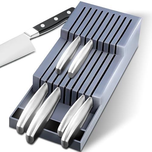 Retoo Ceppo Portacoltelli da 40 cm per 18 Coltelli, Professionale a Due Livelli, Universale per 6 Grandi Coltelli da Cucina, Cassetto per Utensili, Ufficio, Officina, Grigio