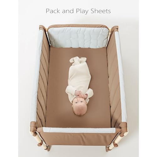 Image of Konssy Muslin Mini Crib Sheets, 100% Soft Cotton Pack and Play Sheets for Pack N Play Mattress, Playard Baby Crib Sheets for Baby Girls(Brown, Cream)