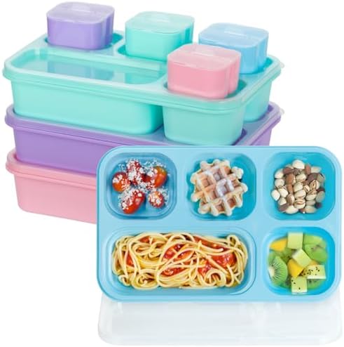 Pack of 4 Bento Box Adult Lunch Box, Reusable 5-Compartment Divided Snack Containers with Sauce Containers for Work and Travel