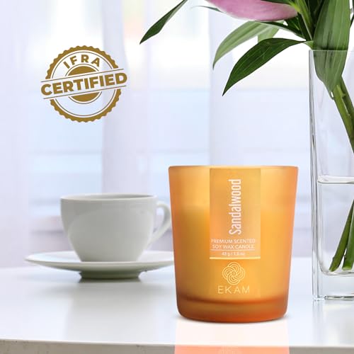 Image of EKAM Sandalwood Votive Soy Wax Scented Candle, 40 Grams, 10 Hours Burn Time| Long Lasting Premium Candles | Ideal for Home Decor | Gifting & Aromatherapy