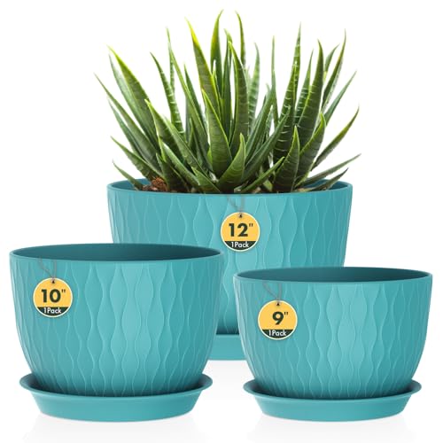 Homeuouz 3er Set Groß Breite Pflanzentopf mit Untersetzer – 30/25/22 cm Kunststoff-Blumentöpfe für Innen & Außen, mit Drainagelöchern, wasserwellige Struktur, Dunkelgrün