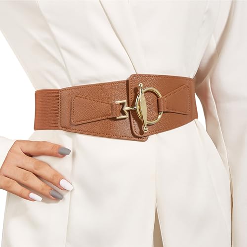 Women Wide Elastic Waist Belt for Dresses Fashion Gold Buckle Vintage Stretchy Ladies Faux Leather Belts Solid Color - Main Image