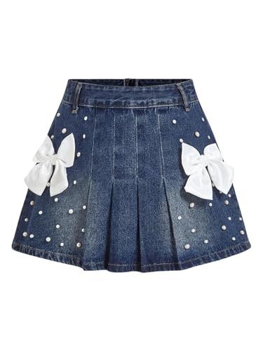 MakeMeChic Women's Bow Knot Denim Mini Skirt Pearl Beaded Pleated A Line Short Skirts