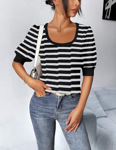 Image of HOTOUCH Sweater for Women 2026 Fall Trendy Puff Tops Casual Eyelet Knit Square Neck Tunic Shirt Blouses Black White Stripe XXL