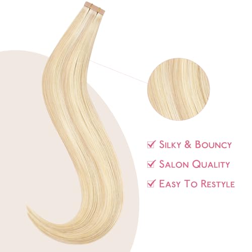Image of WENNALIFE Tape in Hair Extensions Human Hair Balayage Light Wheat Platinum Blonde Tape in Extensions, 10pcs 25g 16 inch Remy Invisible Tape Ins Straight Colored Soft Real Human Hair Tape in Extensions