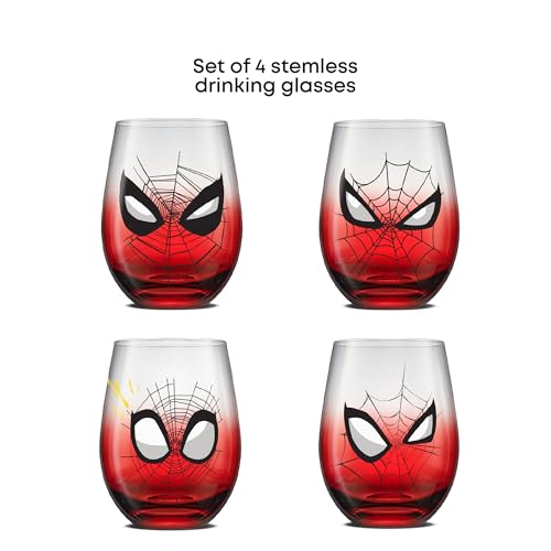 Image of JoyJolt Marvel Spider-Man Spidey-Sense Stemless Drinking Glasses, 19oz Superhero Glass Tumblers, Set of 4 Drink Glasses, Marvel Gifts for Men and Women