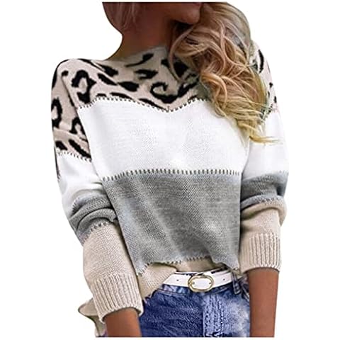 Generic Pullover Damen Leopard Strickpullover Langarm Rundhals Sweater Patchwork Sweatshirt Herbst Winter Elegant Pulli Warme Lose Blusen Oberteile Tops Cover