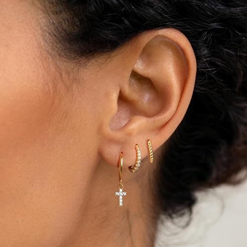 Image of Gold Earrings for Women, 14k Gold Plated Dangle Huggie Earrings for Women Trendy Dainty Gold Hoop Earring Stacks Hypoallergenic Pearl Chain Drop Cartilage Earring Fashion Womens Jewelry