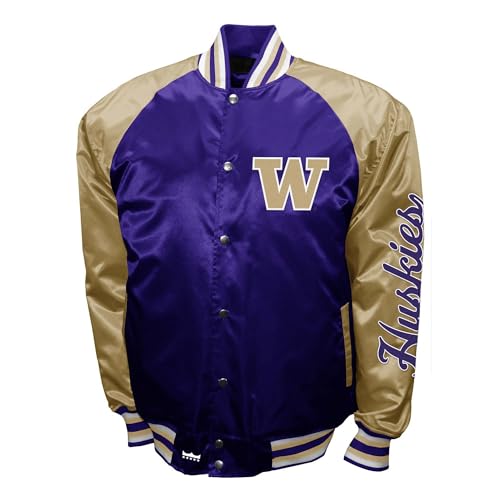2Bhip NCAA Washington Huskies Adult Purple & Gold Vintage Style Lightweight Satin Bomber Varsity Jacket