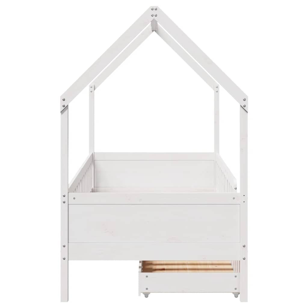 Kinderbett 80x200 cm, Massivholz Kiefer, Weiß, Hausbett mit 2 Schubladen, Betten für Kinder, Jugendbett, Bettgestell mit Stauraum, Plattformbett