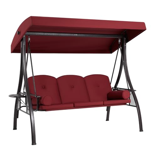 Image of HOMREST 3 Seat Outdoor Porch Swing with 1.5 inch Deepened Cup Holder, Adjustable Canopy, Patio Swing Bed with Stand, Patio Glider Swing with Thicken Cushions, Pillow for Yard, Garden(Wine Red)