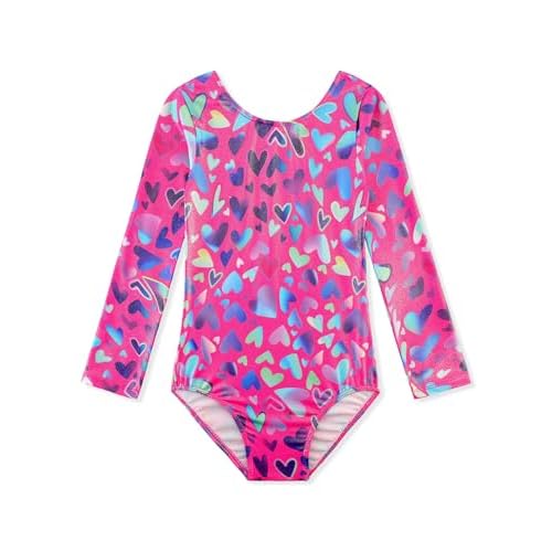 HOZIY Gymnastics Leotards for Girls Unicorn Pink Purple Sparkly Dancewear Activewear Quick Dry 2-3T Long Sleeve-neon Colorful Hearts