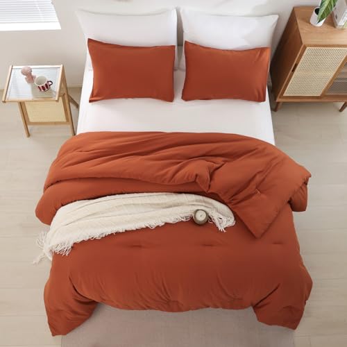 Image of ROSGONIA Oversized Queen Comforter Burnt Orange, 3pcs (1 Terracotta Comforter & 2 Pillowcases) Lightweight Oversized Queen Comforter Sets Bedding
