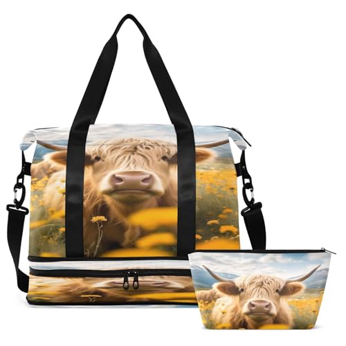 ALAZA Highland Cow White Yellow Flowers Travel Duffel Bag for Women Men Sports Gym Bag with Shoe Compartment Tote Weekender Overnight Bag with Wet Pocket for Travel, Gym,Yoga,Swimming2