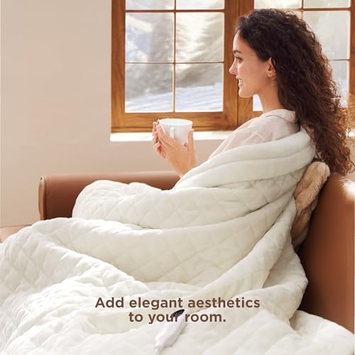 Image of Bedsure Heated Blanket Throw Blanket - Quilted Electric Blanket, Soft Flannel Thick Heating Blanket with 4 Time Settings & 6 Heating Settings, Warm Gifts for Women Men (50x60 inches, Ivory)