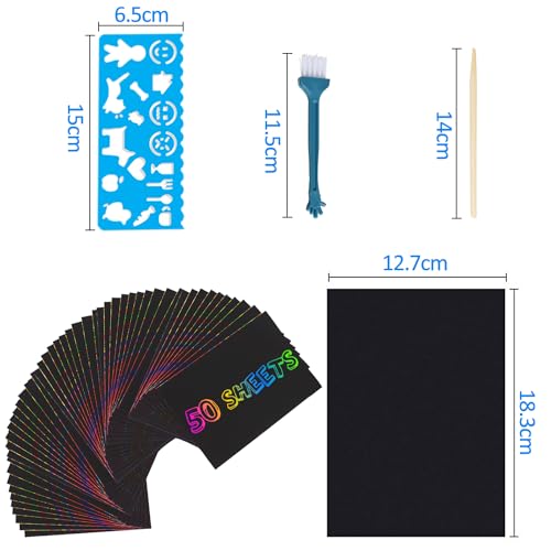 Scratch Art Paper Set for Kids - ARPDJK 50 Sheets Rainbow Scratch Paper Combo Kit, Black Scratch Paper Art Craft with 5 Wooden Stylus and 4 Template Rulers and 1 Brush