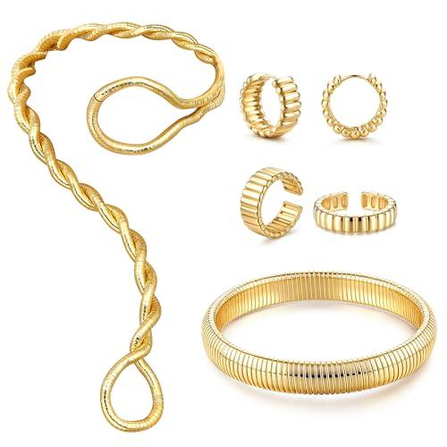 JeryWe Gold Statement Jewelry Set for Women 14K Gold Plated Choker Necklace Chunky Bangle Bracelet Stackable Knuckle Rings Hypoallergenic Hoop Earring Stack Trendy Jewelry Sets Fashion Accessories for Women Classic