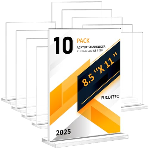 FUCDTEFC 8.5x11 Acrylic Sign Holder 10 Pack, Vertical Double-Sided Display Stand, Clear Sign Holder Plastic Paper Flyer Holder Sign Holders 8.5x11 inches for Restaurants, Office, Store