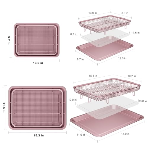 Image of Oven Air Fryer Basket and Tray, OPENICE 2 Set Air Fryer Basket and Tray for Oven with 60 Pcs Parchment Paper, Air Fryer Pan Crisper Tray for Baking, Crisping - Pink