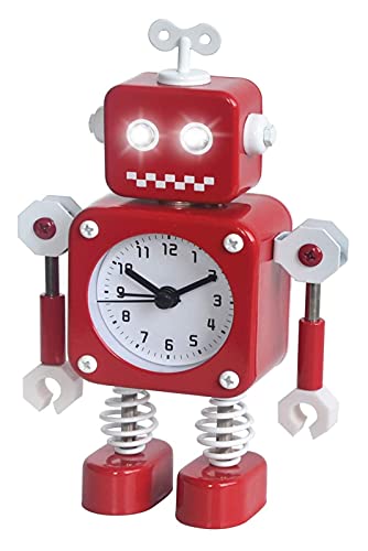 ディスクロボット目覚まし時計、ステンレスメタル非刻み目のない目覚め時計の点滅と回転腕、子供への贈り物(赤白) (Color : Red)