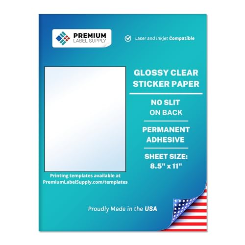 Premium Label Supply Papel adhesivo transparente brillante, etiquetas de hoja completa de 8.5 x 11 pulgadas, compatible con láser/inyección de tinta, 100 hojas