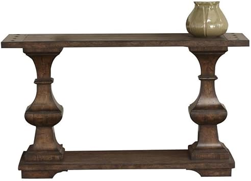 Pemberly Row Contemporary Leather Sofa Table, 50 in Wide, Heavy Planked Mahogany Finish, Spanish Style Turned Legs, Bottom Shelf for Storage, Square Peg Accents, Living Room Console Table