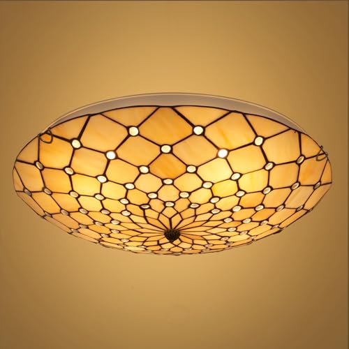 KPIBEST Vintage Ceiling Lights, Mediterranean Handmade Flush Mount Ceiling Chandelier, Amber Stained Glass Light Decor for Living Room, Dining Room, Bedroom, Kitchen, Hallway(20 Inch)